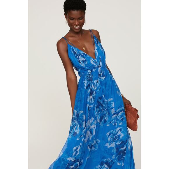 HALSTON Bright Blue Floral Chiffon V-Neck Criss-Cross Open Back Maxi Dress Size4 - Picture 14 of 14